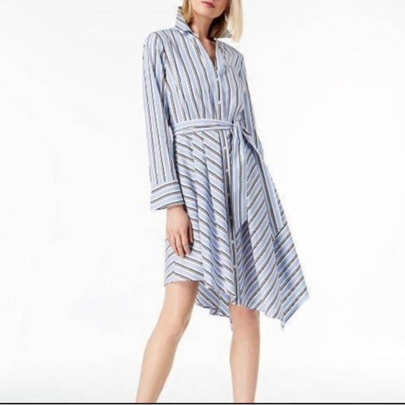 INC Petite Striped Asymmetrical-Hem Shirt Dress Blue 6P - Picture 1 of 3